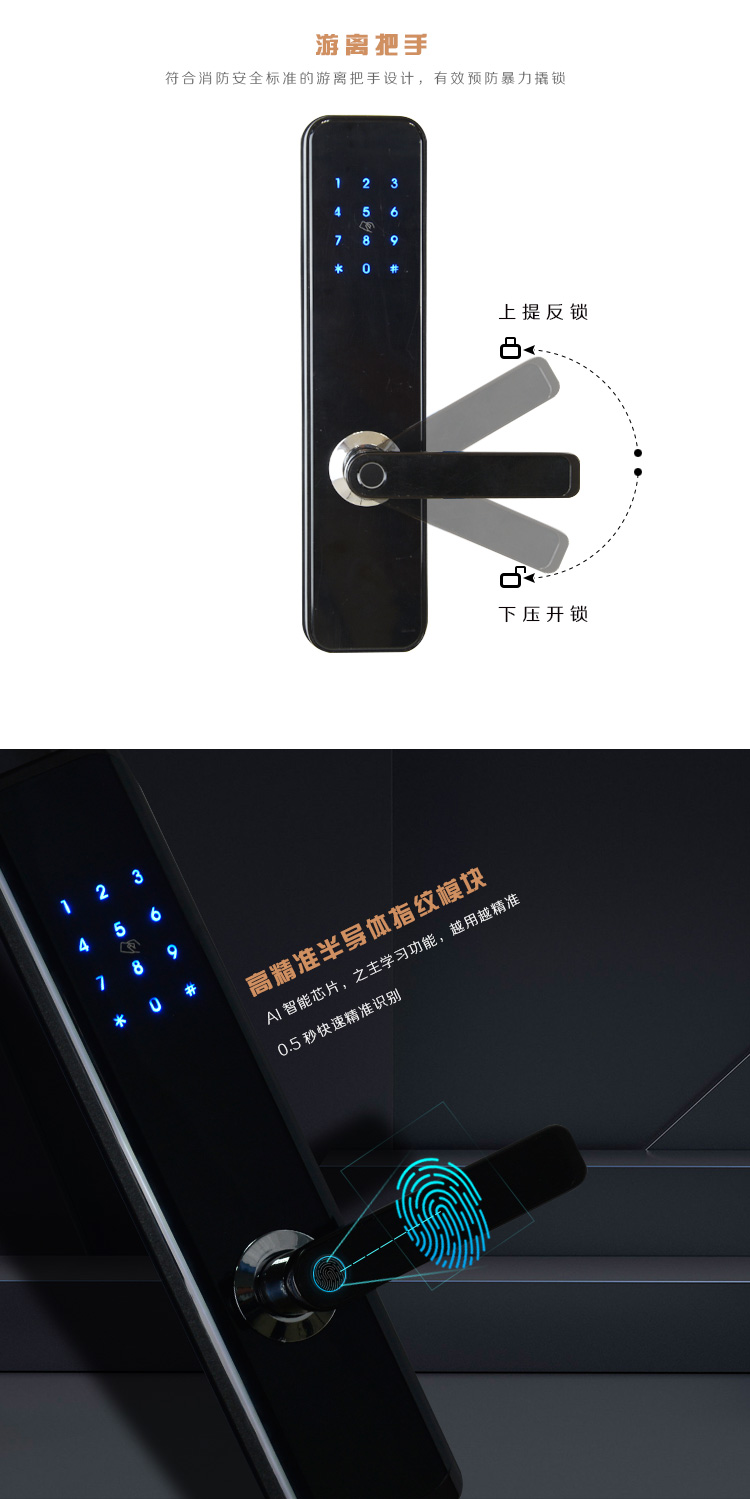 歐尚P21藍牙智能鎖采用符合消防安全標準的游離把手設計